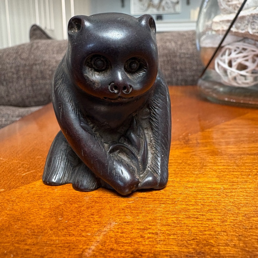 Vintage antique Japanese Netsuke hand carved Panda with Leaf figurine